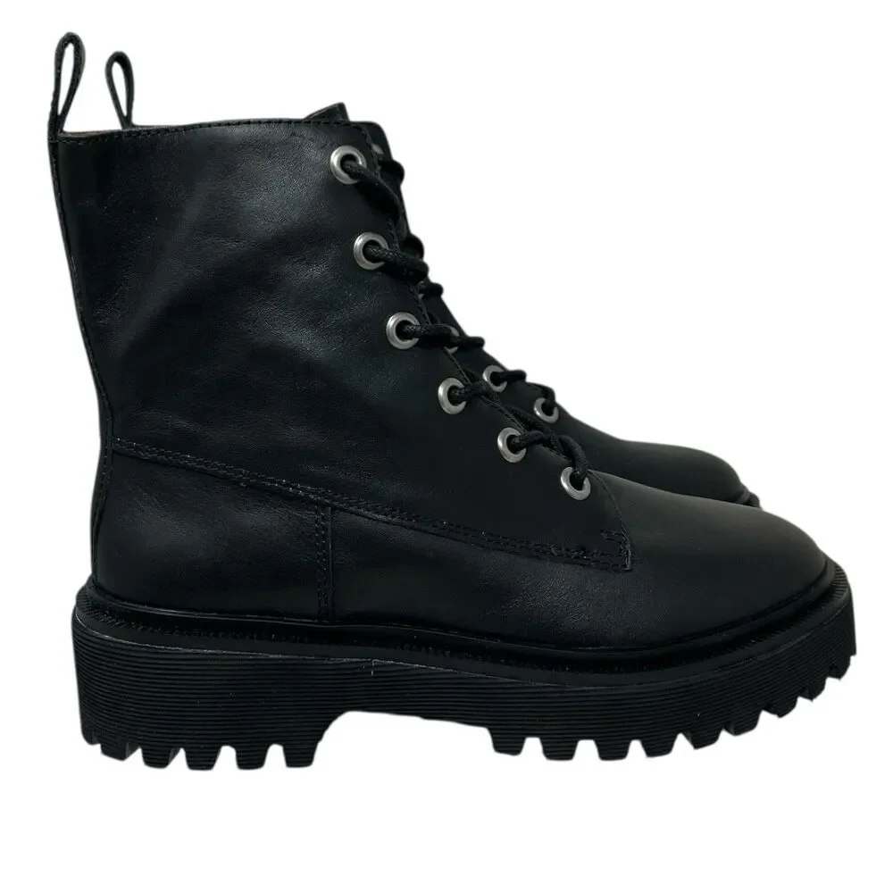 Madewell Black Leather The Shelton Lace-Up Combat Boots Moto New NG667 Womens 7‎
